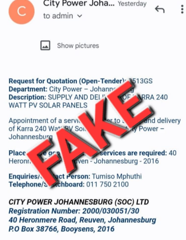 City Power says this email is fake