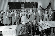 Anti-apartheid ANC struggle stalwarts Raymond Mhlaba, Oscar Mpetha, Andrew Mlangeni, Walter Sisulu, Ahmed Kathrada, Elias Motsoaledi and Wilton Mkwayi after their release in 1989 in Soweto, South Africa. 