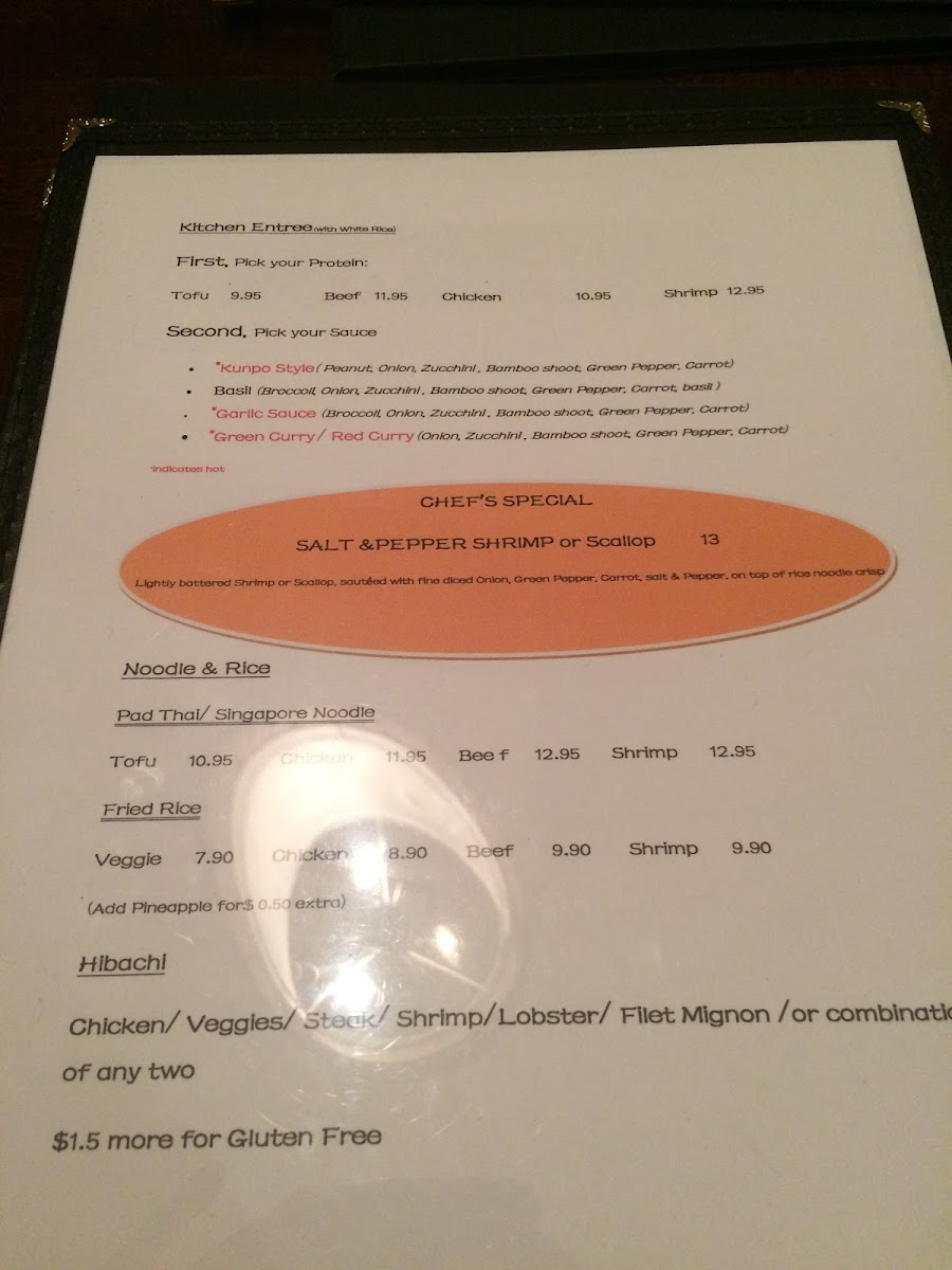 Gluten Free Menu for Entrees