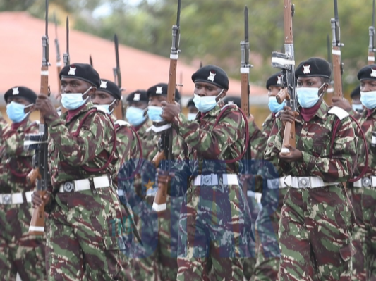 Administration Police recruits perform a silent drill during the pass out parade at APTC Embakasi Training School on November 29, 2021.