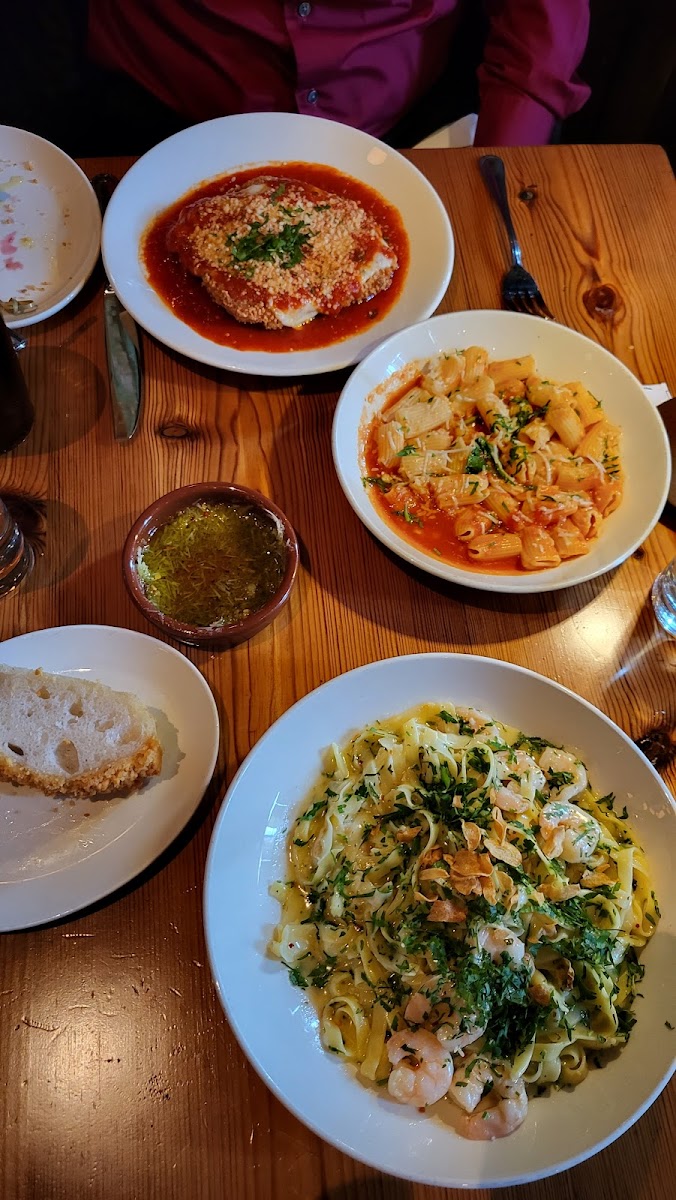 Chicken parmesan, ziti with marinara,  foccacia with dipping cheese/oil, shrimp scampi