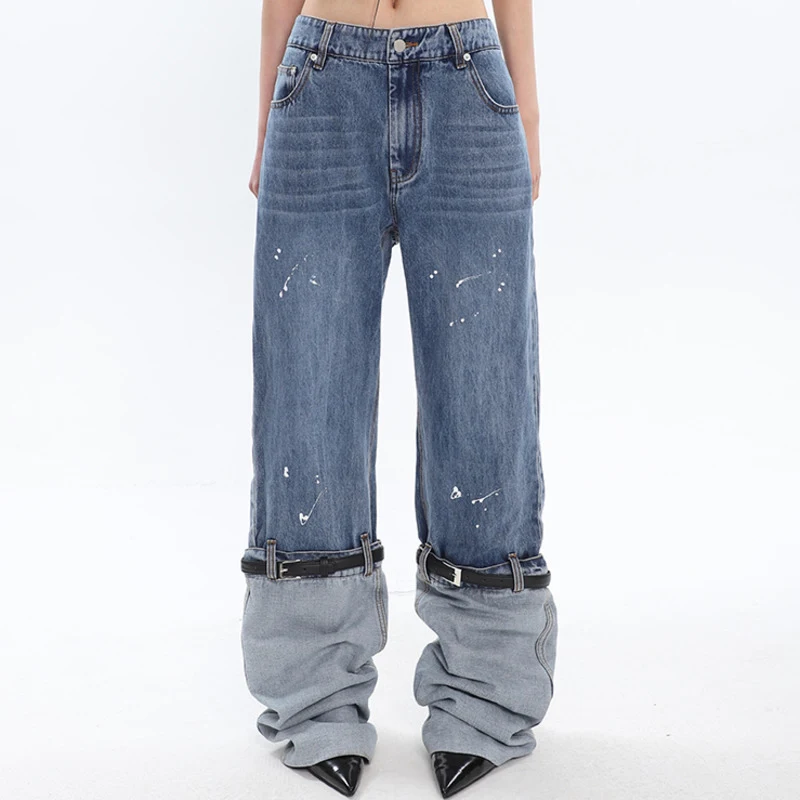 Ženske Jeans Pantalone sa Kontrastnim Bojama i Patchworkom Udobne i Moderne za Svaki Dan. Savršene za Stilski i Opušten Izgled.