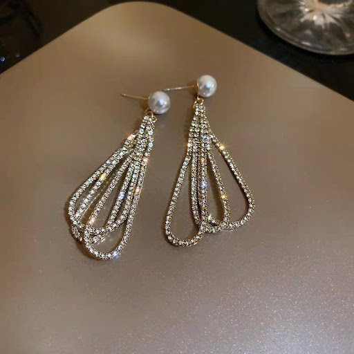 Title 4, Drop shaped Full Diamond Pearl Earrings Long Ta...