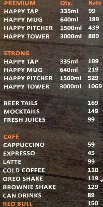 Happy Brew menu 