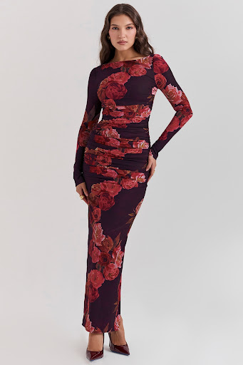 Title 5, Vintage Print Slim-fit Houfu Split Evening Dres...