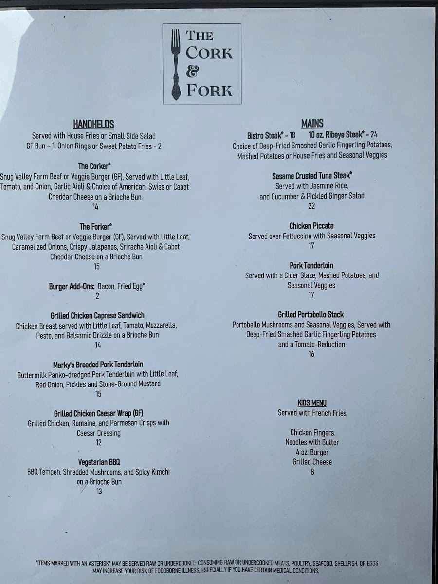 The Cork & Fork gluten-free menu