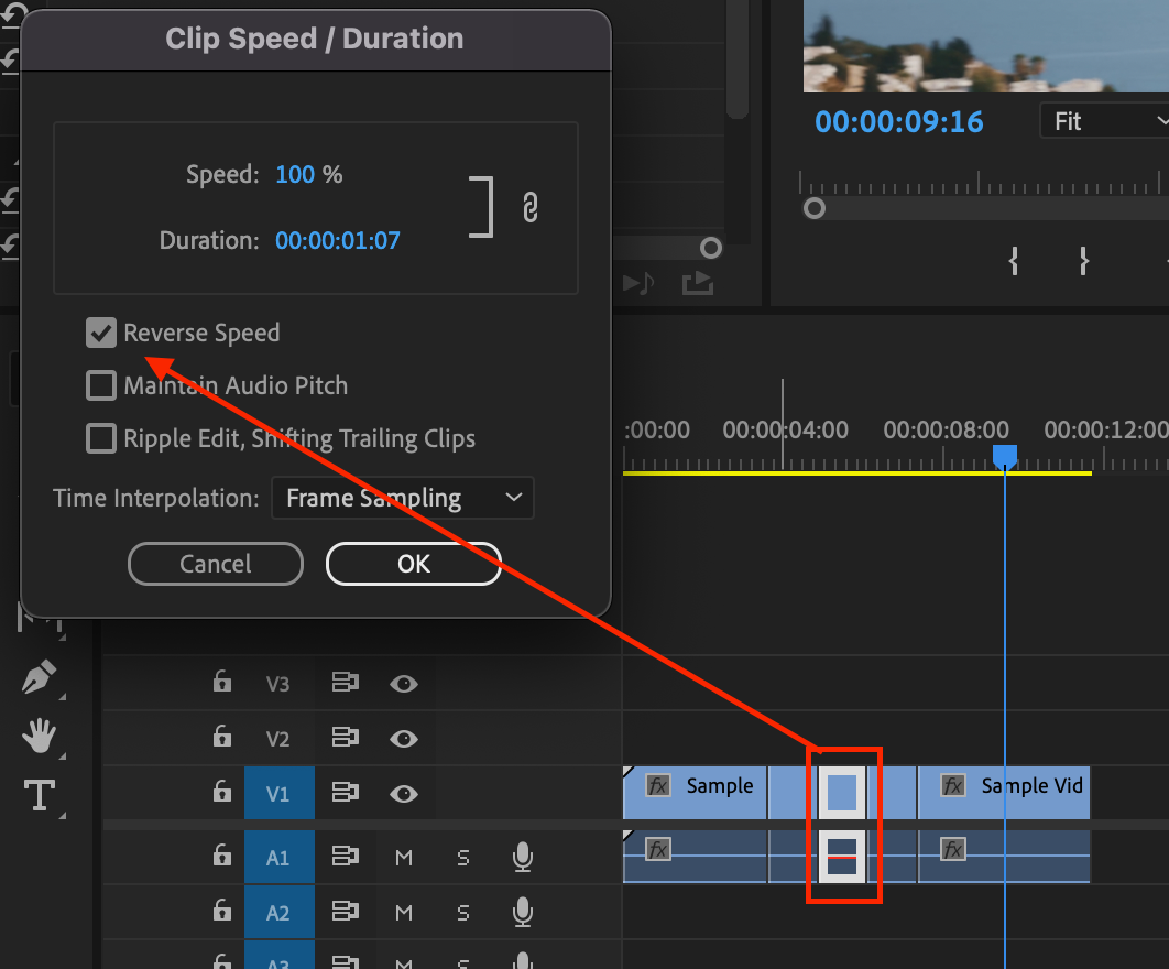 how to reverse a clip in premiere