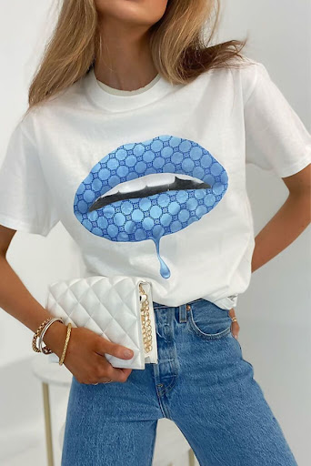 Title 1, White Blue Monogram Lips T-Shirt