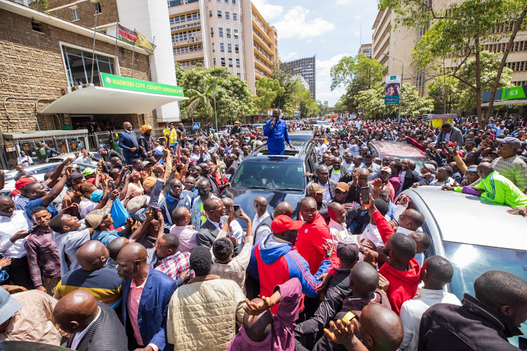 Azimio leader Raila Odinga addressing his supporters at Nairobi CBD on July 10, 2023.