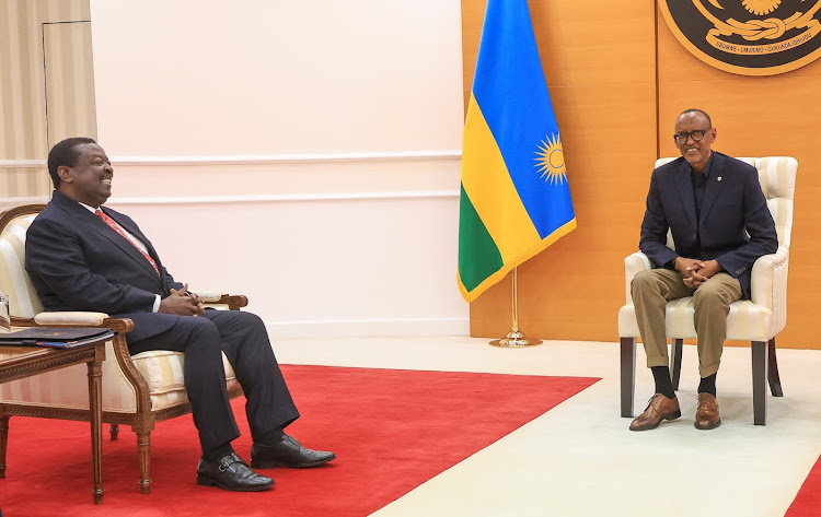 Prime Cabinet Secretary and Cabinet Secretary for Foreign and Diaspora Affairs Musalia Mudavadi having talks with Rwanda President Paul Kagame in Kigali, Rwanda on October 6, 2023