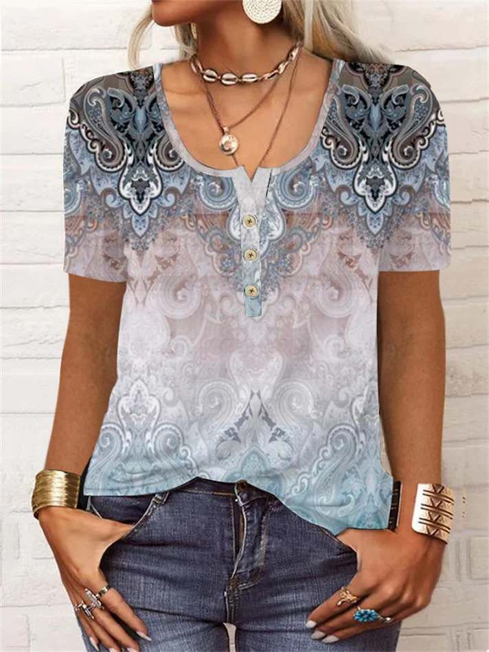 T-shirt d'été ample à manches courtes, motif floral géométrique, col en U et boutons, parfaite pour un look décontracté et estival.
