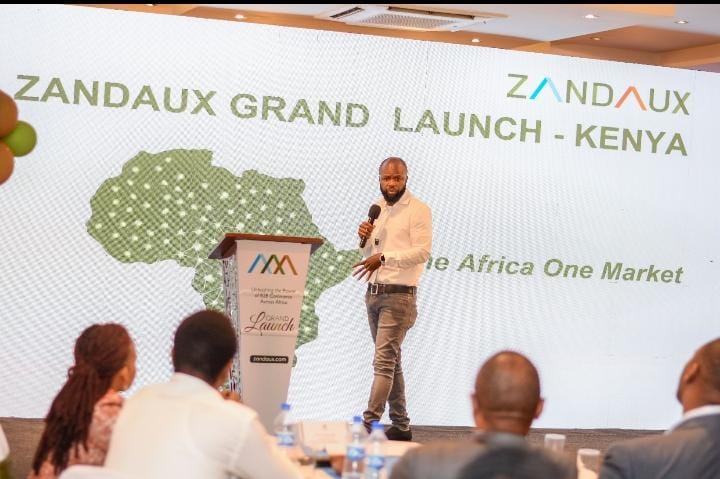 Zandaux CEO Frank Obambi Ngatse during the Zandaux B2B platform launch at Emara Ole Sereni in Nairobi on January 16, 2023.