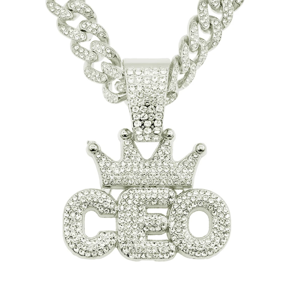 Europese Hip Hop Full Diamond Kroon Letters Hanger Cubaanse Ketting, voor een opvallende, luxueuze uitstraling.