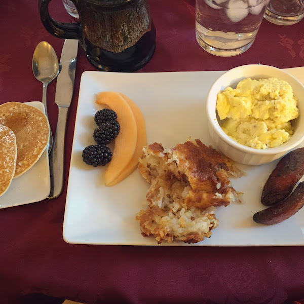 Pancakes, hash brown casserole, eggs and sausage. Delicious!