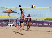 Players looking at the ball during the Durban Open live Volleyball games organised by the South African Volleyball Association. 