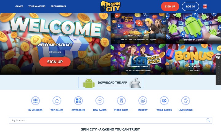 Spin City 100% welcome bonus homepage