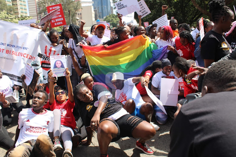 Kenyan women join in procession to protest against the increased number of femicides experienced across the country in a protest dubbed 'Feminist march against femicide ' at Harambee Avenue, Nairobi on January 27, 2024