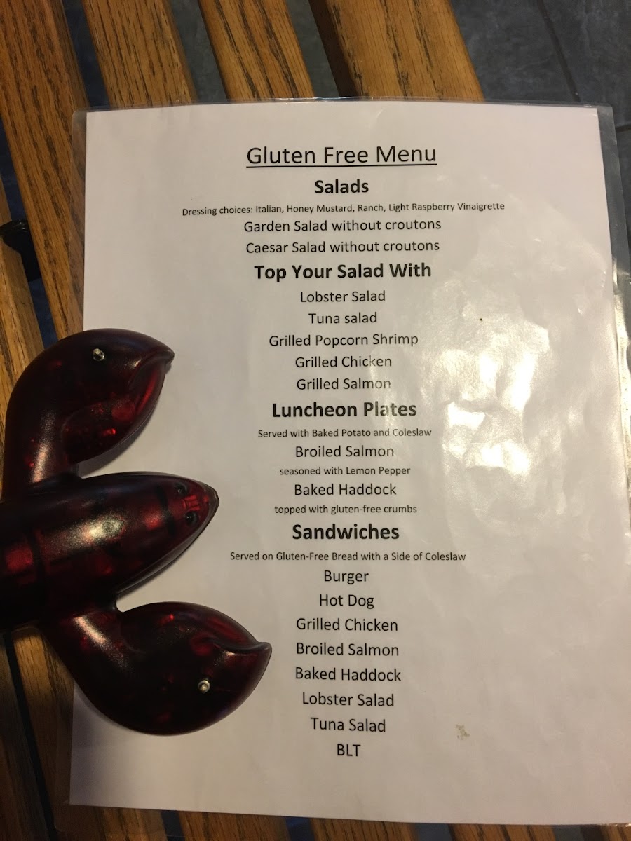 Seafood Sam's gluten-free menu