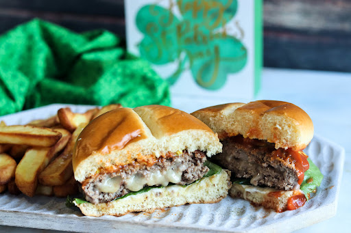 Irish Cheddar Juicy Lucy cut in half.