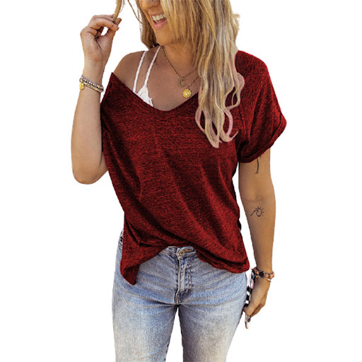 Title 7, V-neck Solid Color Stitching Loose T-shirt Top
