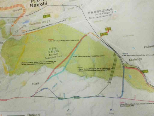 The proposed paths for the Nairobi-Naivasha railway route inside the Nairobi National Park. The blue line on the map (option 4) shows the route the SGR will take through the park. /COURTESY