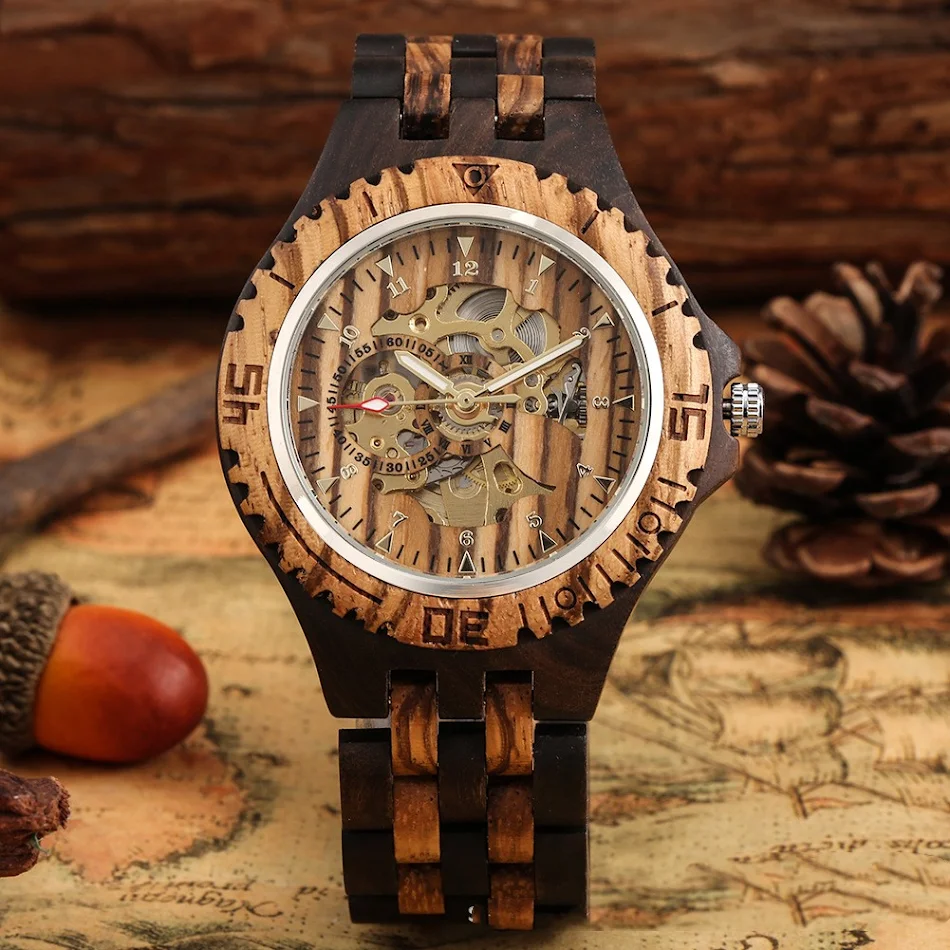 Automatisch mechanisch houten horloge met vijf kralen band, ebbenhout zebra hout, voor heren, stijlvol en uniek design.