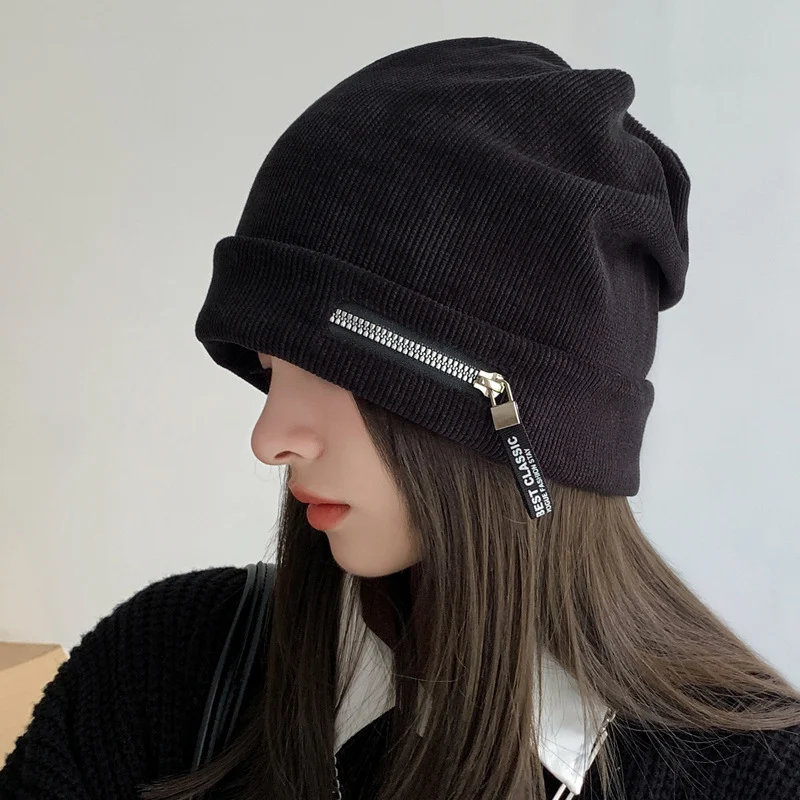 Chapéu de malha feminino outono e inverno personalidade zíper solto estilo americano