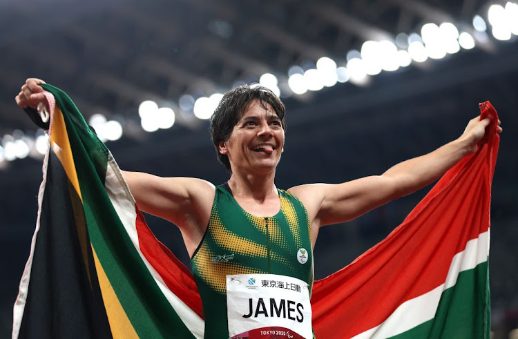 Sheryl James of SA celebrates after winning bronze in the Women's 400m T37 final on day seven of the Tokyo 2020 Paralympic Games at Olympic Stadium on August 31 2021 in Tokyo, Japan.