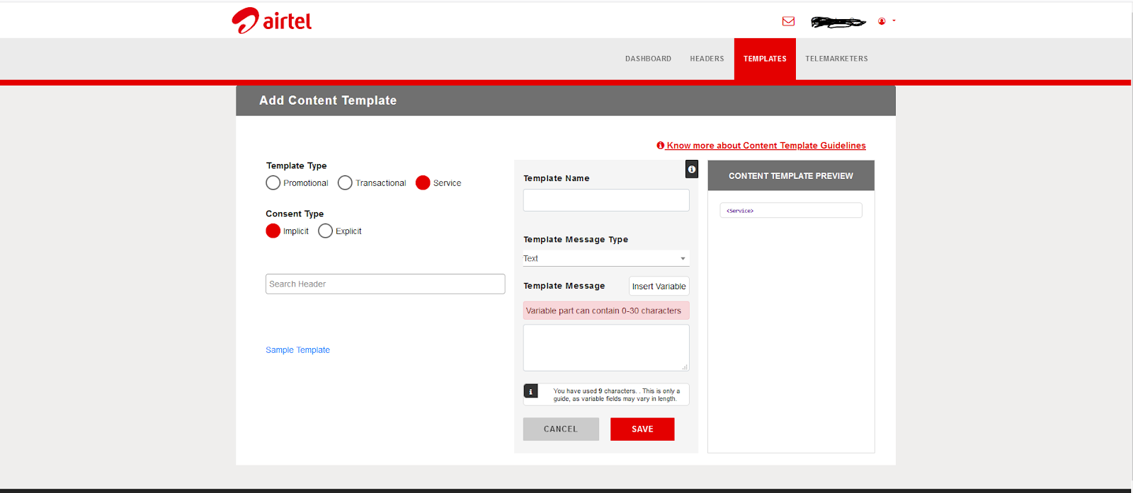 A picture showing how to add content templates on the airtel DLT portal | SMScountry