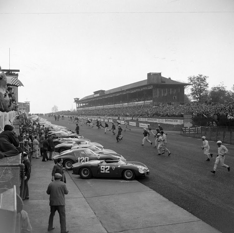 Drivers run to their cars at the start during the Nürburgring 1000 kms at Nürburgring on 27 May 1962. Chassis no. 3765 is the second car in line, race #120. Picture: SUPPLIED