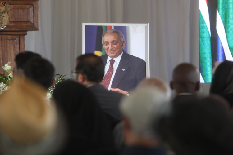 A portrait of struggle stalwart and former foreign affairs deputy minister Aziz Pahad during his state funeral at Westpark Cemetery in Johannesburg on September 30 2023.