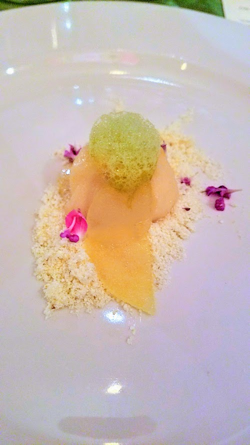 The Txoko Experience - movie and a Basque dinner with Urdaneta. Sorbetea, txakoli-patxoran sorbet, basil, popcorn powder, pickled apple. Paired with Isastegi Basque Sidra