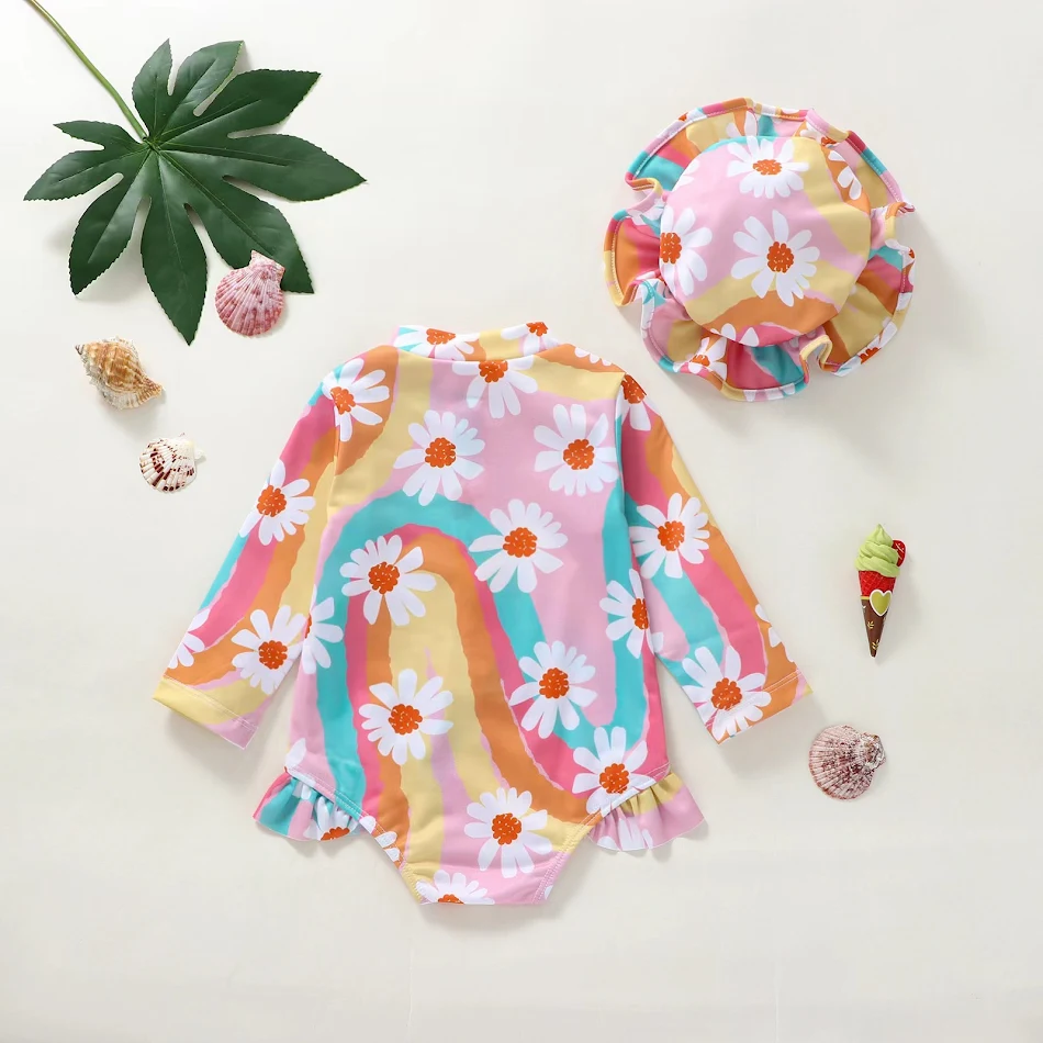 Chapeau de soleil à imprimé fleuri pour filles Maillot de bain anti-UV Ensemble parfait pour la plage piscine vacances et protection solaire