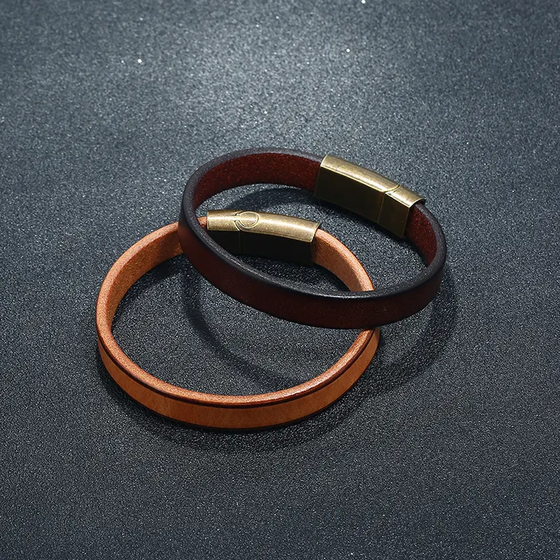 Pulsera de hombre de cuero vacuno, elegante, versátil y sencilla, estilo europeo y americano, brillante y personalidad, acero inoxidable