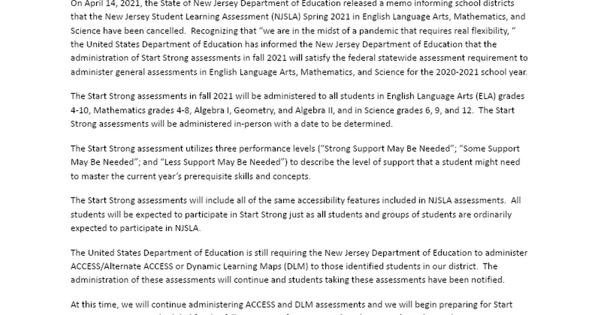 NJSLA 2020-2021 Cancellation Parent Letter