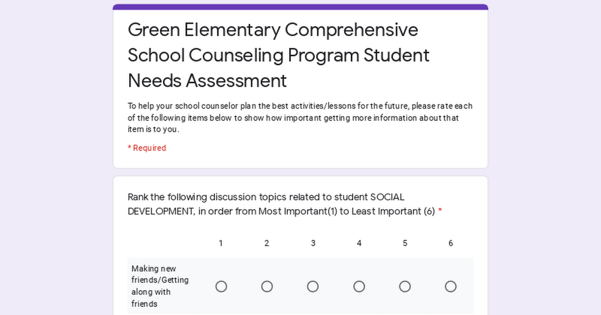 Green Elementary Comprehensive School Counseling Program Student Needs Assessment