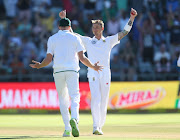 Dale Steyn celebrates the wicket of  Shikhar Dhawan during day 1 of the 1st Sunfoil Test match between South Africa and India at PPC Newlands on January 05, 2018 in Cape Town, South Africa. By stumps India were 28/3, or 258 behind and 58 away from avoiding being told to follow on.