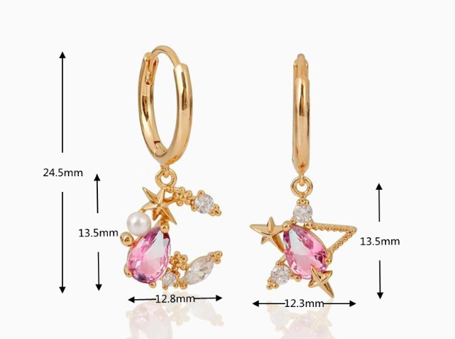 Stijlvolle asymmetrische maan en sterren oorbellen, perfect om je dagelijkse look een vleugje elegantie en hemelse charme te geven.