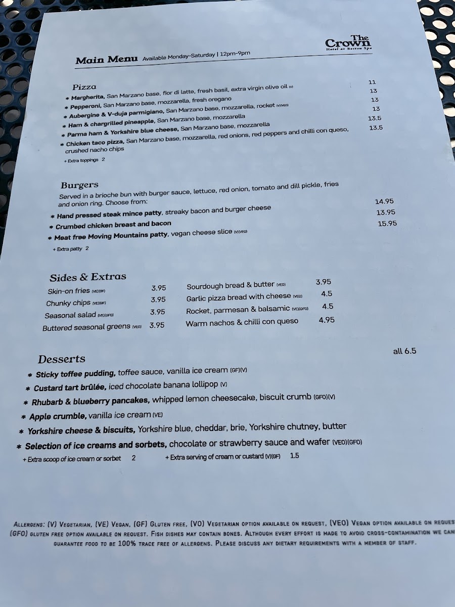 The Crown Hotel at Boston Spa gluten-free menu