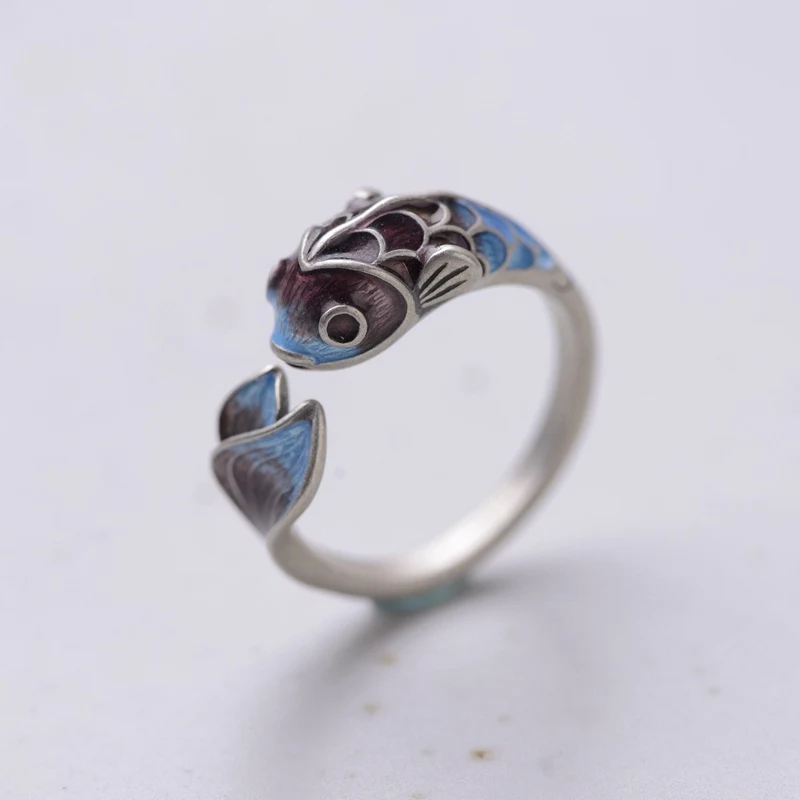 S925 Silver Retro Classical Roasted Blue Carp Koi Ring, timeless elegance. Unique design, symbol of luck and prosperity,