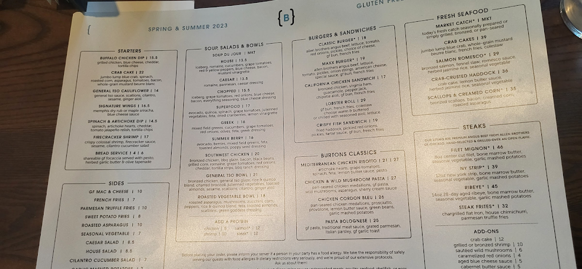 Burtons Grill & Bar gluten-free menu