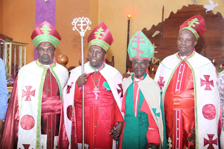 AIPCA's clergy Samson Muthuri, Fredrick Wang'ombe, Timothy Gakubia and John Mwaura of AIPCK at AIPC Bahati church on Sunday, March 24, 2019