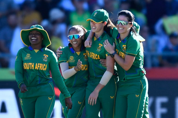 Tazmin Brits of South Africa celebrates after taking a catch to dismiss Danni Wyatt of England during the ICC Women's T20 World Cup semi final match between South Africa and England at Newlands Cricket Ground on February 24, 2023 in Cape Town, South Africa.