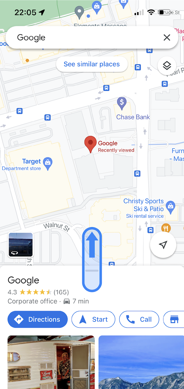 In Google Maps app, a Google office location is displayed. At the bottom of the app, the location name and average ratings are shown with buttons to find directions, start navigation, call, and more.