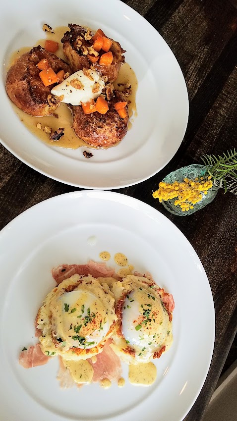 Verdigris Brunch, available everyday not just weekends. Croissant French Toast with Butternut Squash Compote, Chantilly, Walnuts and the other dish of 60 Minute Eggs and Smithfield Ham, Duck Fat Fried Hash Browns, Brown Butter Hollandaise