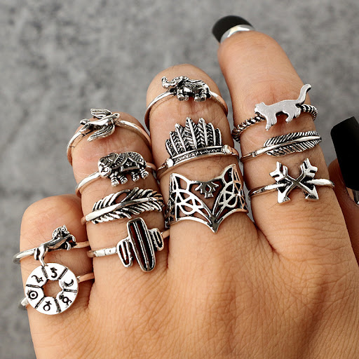 Title 1, Retro Alloy Set Leaf Fox Elephant Ring 12-piece...