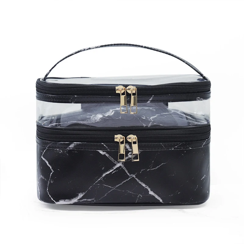 Bolsa cosmética transparente de PVC com camada dupla de mármore e à prova d'água. Ideal para guardar e proteger seus produtos de maquiagem.