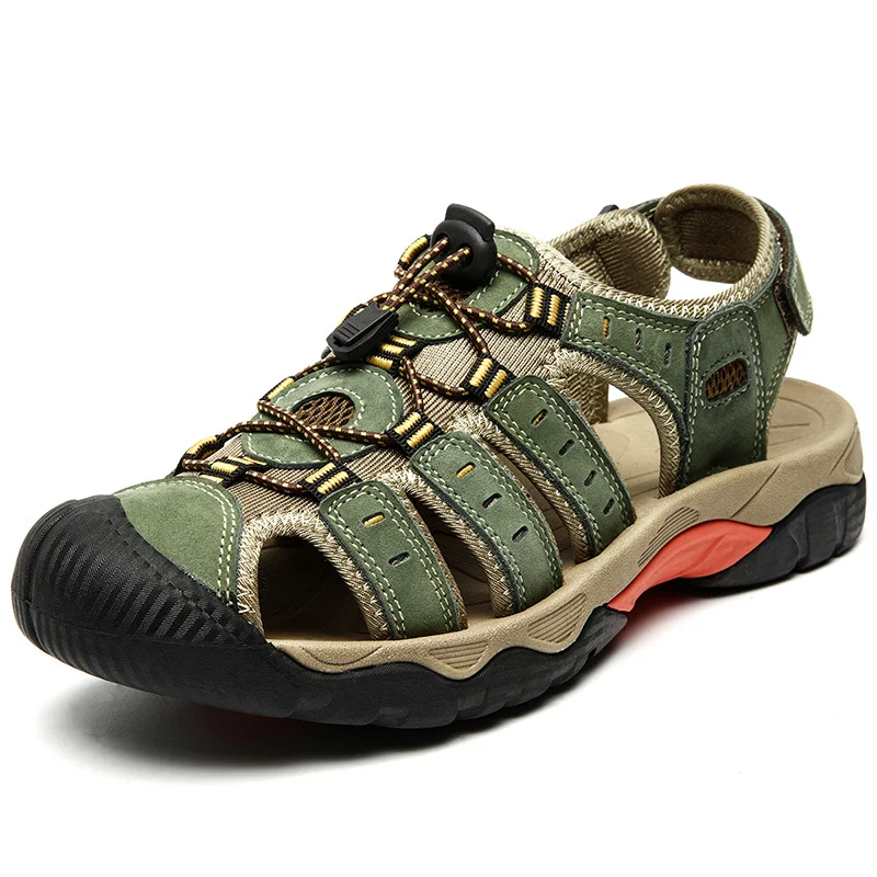 Sandalias de playa casuales de cuero de vaca para hombre, cerradas y de primera capa. Ideales para actividades al aire libre con comodidad y estilo.