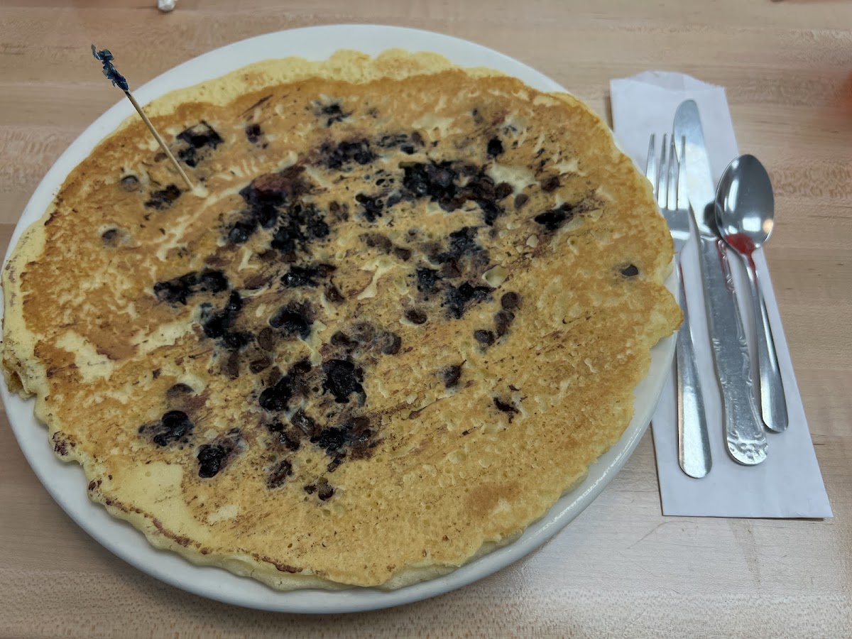 GF pancake with blueberries and chocolate chips