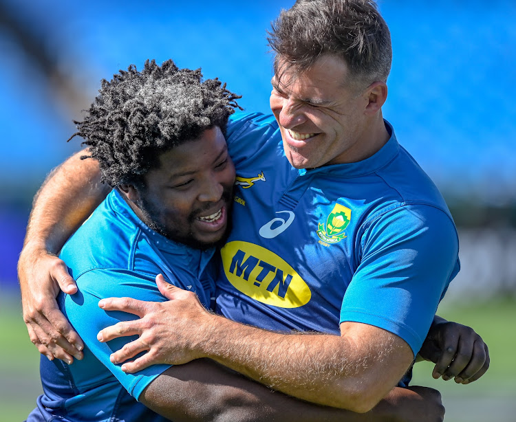 Veteran Springboks hooker Schalk Brits (R) with fellow hooker and teammate Scarra Ntubeni (R) during the captains run at Loftus in Pretoria on August 16 2019.